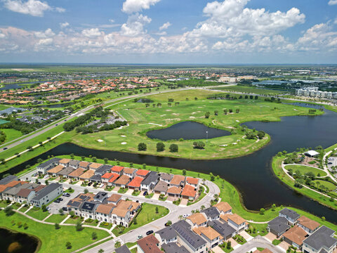 Aerial view of homes and a golf course in Viera, Florida, a golf centered lifestyle residential community in central Brevard County near Melbourne on Florida's Space Coast.