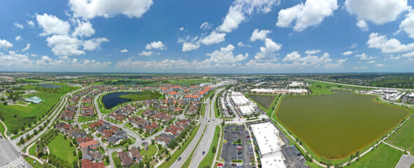 Naklejka premium Panoramic aerial view of homes in Viera, Florida, a golf centered lifestyle residential community in central Brevard County near Melbourne on Florida's Space Coast.