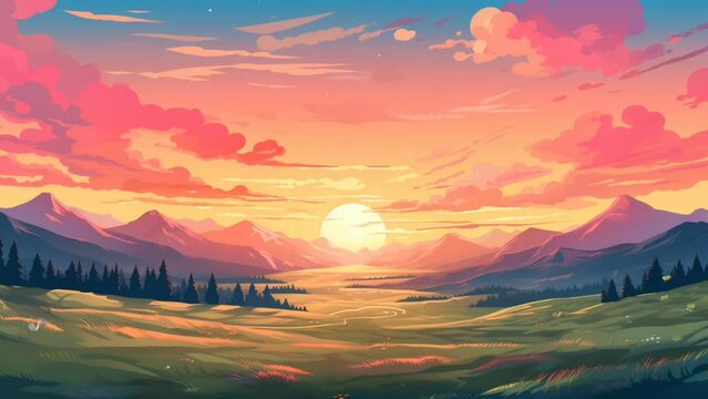 Sunset over flower field landscape, flower field with sunset and butterflies fluttering on it. Seamless looping video background animation,cartoon style. Generated with AI