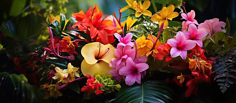 In the lush green garden, a beautiful floral arrangement of colorful tropical flowers adorned the tree, showcasing the natural beauty of Indian summer in full bloom during springtime.