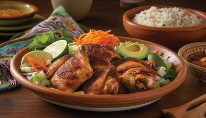 Grilled chicken plate with fresh vegetables and homemade sauce generated by AI