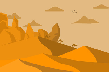 Desert landscape with sand dunes and rocks under the sky. Dry and hot nature background with parallax view of yellow sandy hills, cartoon vector illustration.