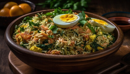 Freshly cooked gourmet meal healthy vegetable salad with basmati rice generated by AI