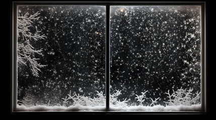 snow on window frame isolated on black for Christmas design idea
