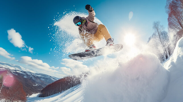 snowboarding in sunny winter day