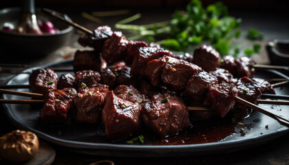 Grilled beef skewer on a plate, cooked to perfection outdoors generated by AI