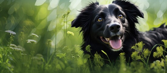 In the abstract summer background, a playful black dog frolics in the lush green grass, blending into the natural surroundings with its white fur and happy smile on its face.