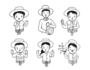 Cartoon Thai farmer Set, outline drawing vector