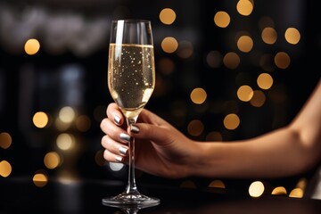 Close-up Shot of Stylish Holiday Nail Design on Hands Holding a Champagne Flute in New Year Celebration