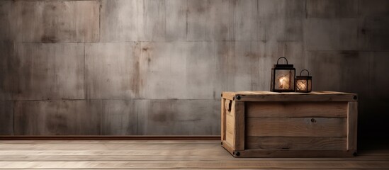 In a dimly-lit room, an old wooden crate with a retro design leaned against the textured wall, holding a new oak table on the hardwood floor, its grain showcasing the beauty of the timber. - obrazy, fototapety, plakaty