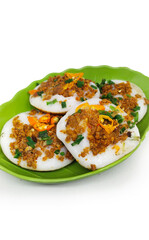 street food from Indonesia, Serabi oncom. Serabi is shaped like a pancake whose main ingredients are rice flour topped with egg, oncom or egg and oncom