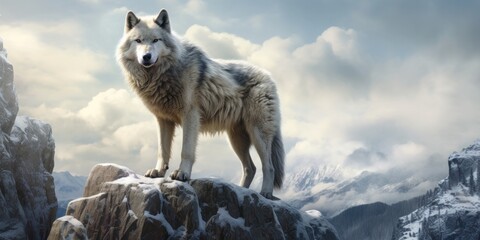 a white wolf standing on top of snowy rocks, generative AI