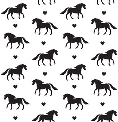 Vector seamless pattern of hand drawn horse and hearts silhouette isolated on white background