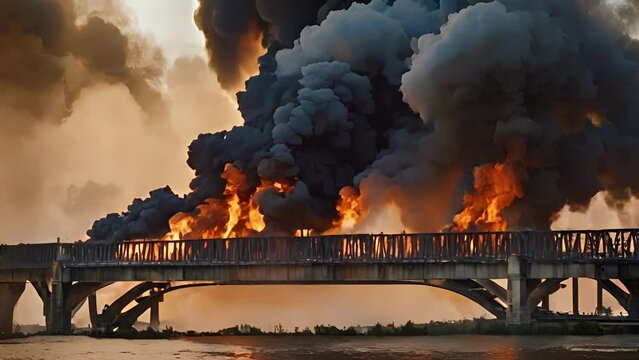 Closeup bridge covered flames, experts carefully incendiary devices weaken structure bring down demolition. fire slowly away supports until bridge collapses.