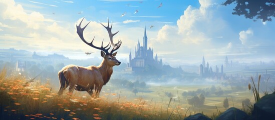 In the white meadow of City, a majestic stag stands tall, its piercing eyes fixed on the distant field where a herd of deer grazes peacefully, showcasing the beauty of nature's wildlife in this fauna