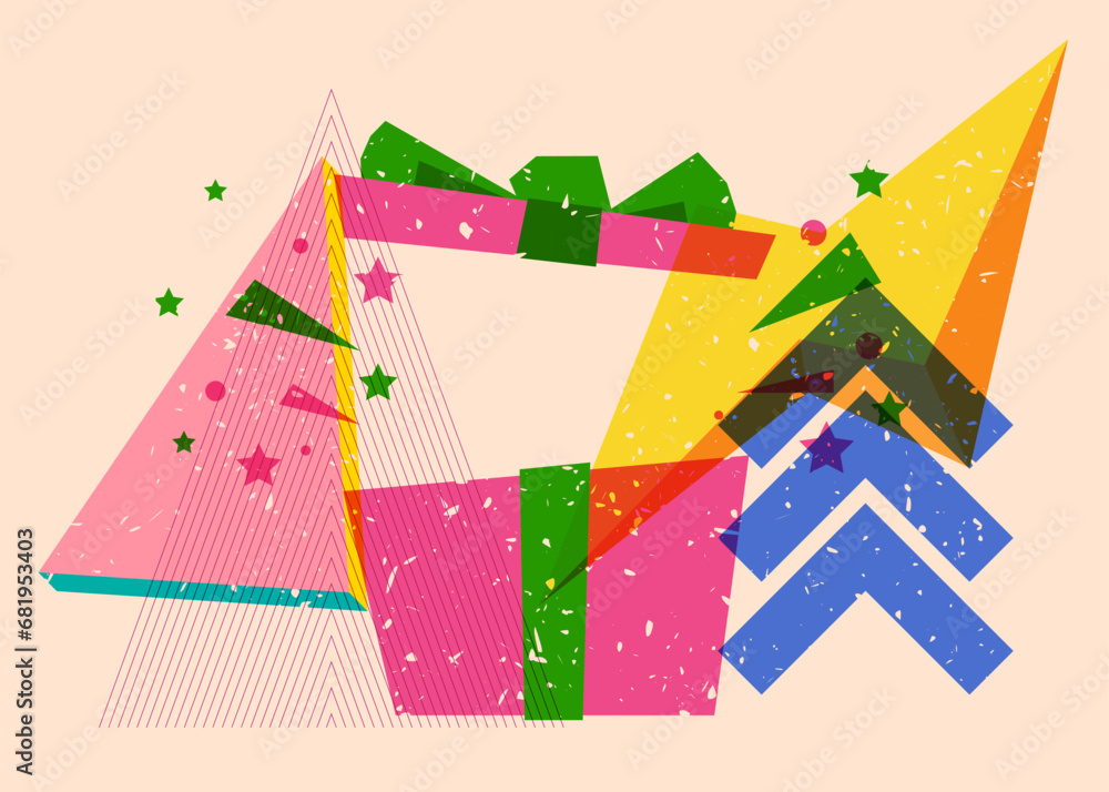 Poster Risograph gift box with geometric shapes. Holiday objects in trendy riso graph print texture style design with geometry elements.