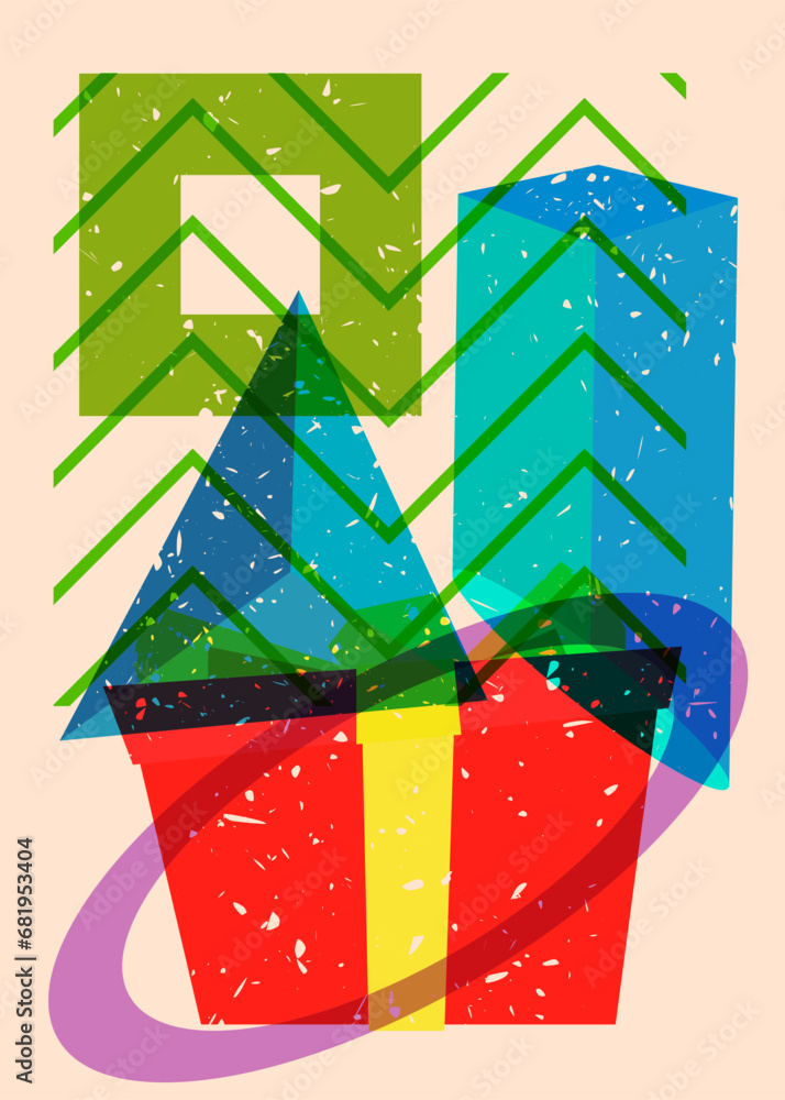 Poster Risograph gift box with geometric shapes. Holiday objects in trendy riso graph print texture style design with geometry elements.