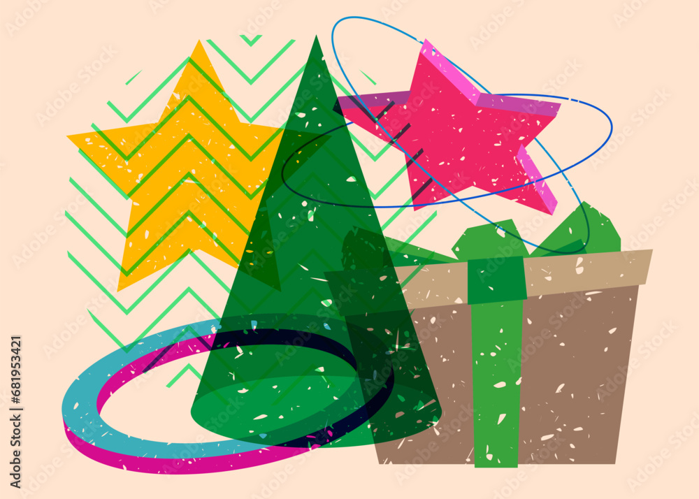 Poster Risograph gift box with geometric shapes. Holiday objects in trendy riso graph print texture style design with geometry elements.
