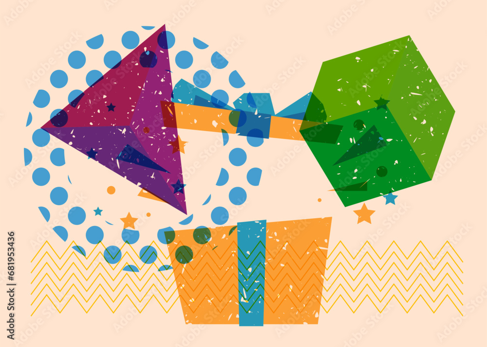 Poster Risograph gift box with geometric shapes. Holiday objects in trendy riso graph print texture style design with geometry elements.