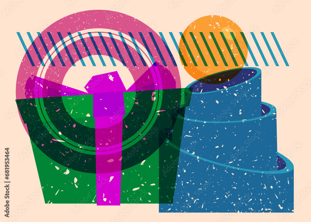 Poster Risograph gift box with geometric shapes. Holiday objects in trendy riso graph print texture style design with geometry elements.