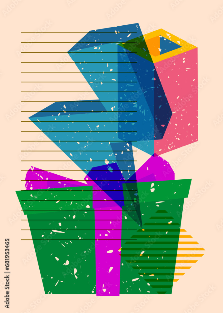 Poster Risograph gift box with geometric shapes. Holiday objects in trendy riso graph print texture style design with geometry elements.