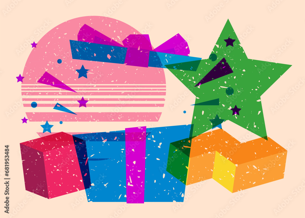 Poster Risograph gift box with geometric shapes. Holiday objects in trendy riso graph print texture style design with geometry elements.