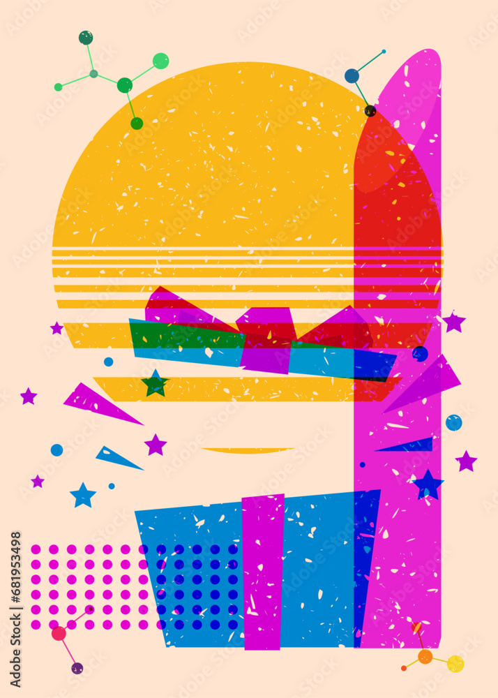 Poster risograph gift box with geometric shapes. holiday objects in trendy riso graph print texture style d