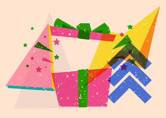 Risograph gift box with geometric shapes. Holiday objects in trendy riso graph print texture style design with geometry elements.