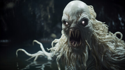 Fictional mythical evil white japanese ningen creature with tentacles