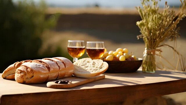 Concept photo of a Communion service outdoors, with nature as the backdrop and the elements of bread and wine beautifully displayed on a wooden table.