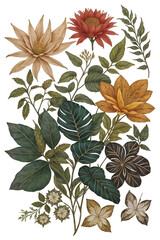 beautifully weathered vintage botanical illustration on transparent background