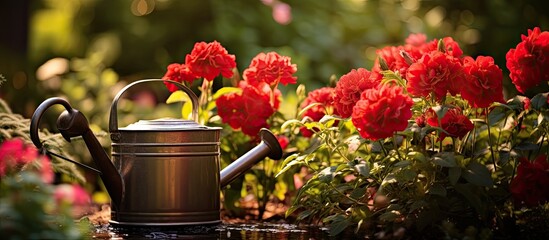 In the tranquil garden, surrounded by vibrant red flowers, a container made of plastic sat by the tap. Its handle ready to be grasped as it poured water, contributing to the nurturing of the
