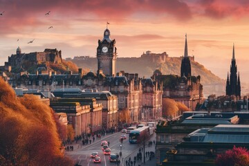 Edinburgh cityscape at sunset, Scotland, United Kingdom. HDR image, View of Edinburgh Castle, Balmoral Hotel and Princes Street from Calton Hill at golden hour, AI Generated - obrazy, fototapety, plakaty