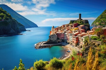Panoramic view of Vernazza village in Cinque Terre, Italy, view of famous travel landmark...