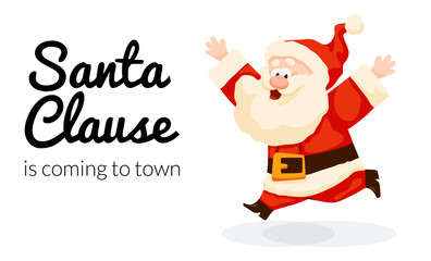 Funny cartoon Santa Claus running and waving. Christmas card with Santa. Christmas and New Year vector illustration
