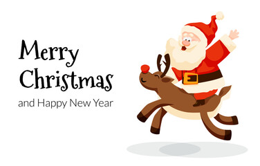 Funny cartoon Santa Claus rides a deer Christmas card with Santa and reindeer Rudolph. Christmas and New Year