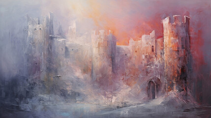 Medieval oil painting abstract background with castle - obrazy, fototapety, plakaty