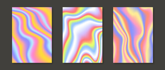 Holographic backgrounds set. Rainbow fluid gradient wallpaper collection for card, brochure, flyer, poster, banner, booklet. Foil iridescent liquid backdrop bundles. Vector colorful templates pack