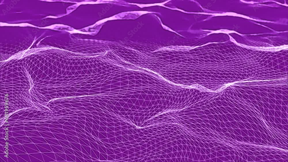 Poster cyberspace with hills and grid. animation. 3d space with cyber relief from grid. disappearing grid o