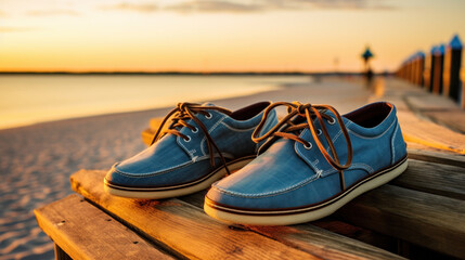 Blue boat shoes on wooden background. Leather shoes. Mens leather shoes. Blue leather shoes. Top-siders outdoors. - obrazy, fototapety, plakaty
