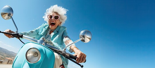 An elderly cheerful woman with gray hair rides a blue scooter and smiles. Generated by AI. - obrazy, fototapety, plakaty