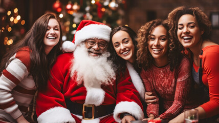 Fototapeta premium Group of people in Santa Claus hats celebrating in the nightclub with blurry defocused Christmas tree and bokeh lights background.