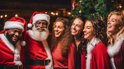 Group of people in Santa Claus hats celebrating in the nightclub with blurry defocused Christmas tree and bokeh lights background.