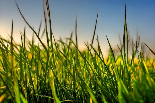 Hyper-realistic photograph of green grass in a meadow at sunset. Macro image, shallow depth of field
