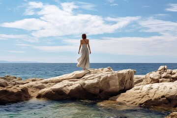 Woman Standing on Rocks by the Seashore
