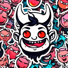 A very cute cartoon devil laughing done as a kawaii-style colorful  drawing