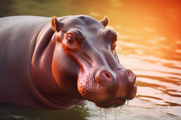 Big hippopotamus in Africa. Wildlife scene from nature. Animal in the habitat.