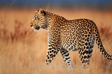 Big leopard in savanna. African leopard walking in the grass, with beautiful evening light. Wildlife scene from nature. Animal in the habitat.