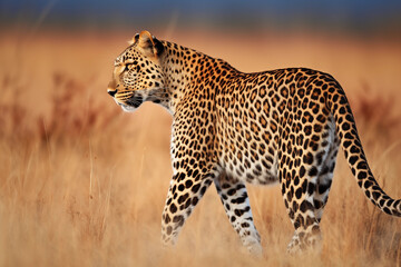 Naklejka premium Big leopard in savanna. African leopard walking in the grass, with beautiful evening light. Wildlife scene from nature. Animal in the habitat.