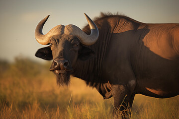 Obraz premium Big buffalo in Africa. African buffalo walking in the grass, with beautiful evening light. Wildlife scene from nature. Animal in the habitat.